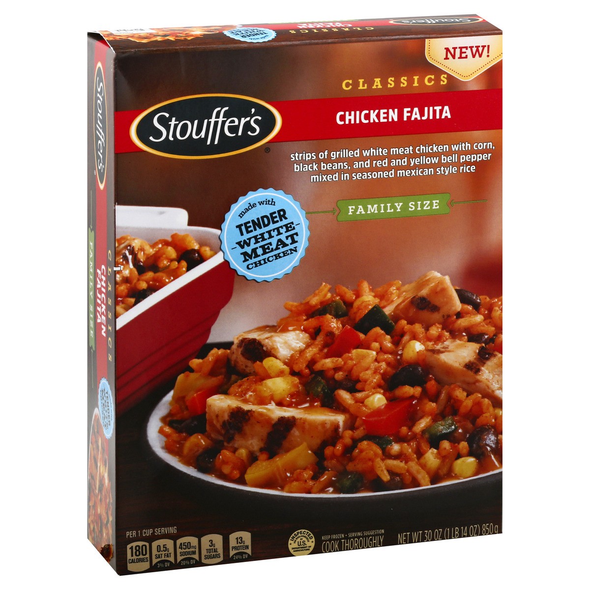 slide 2 of 9, STOUFFER'S Family Size Chicken Fajita Frozen Meal 36oz Box, 30 oz