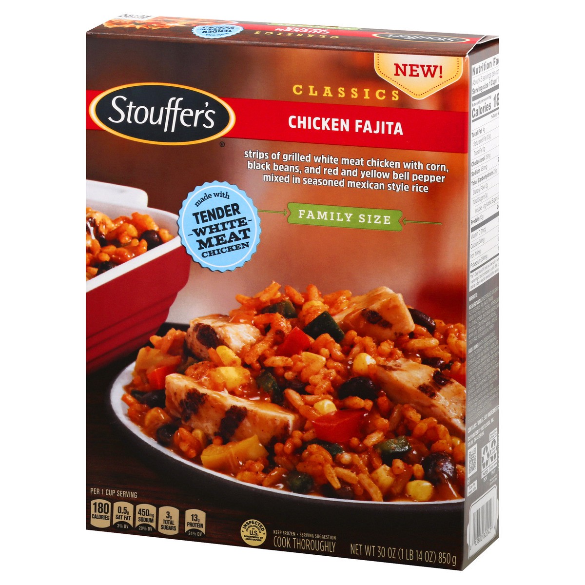 slide 6 of 9, STOUFFER'S Family Size Chicken Fajita Frozen Meal 36oz Box, 30 oz