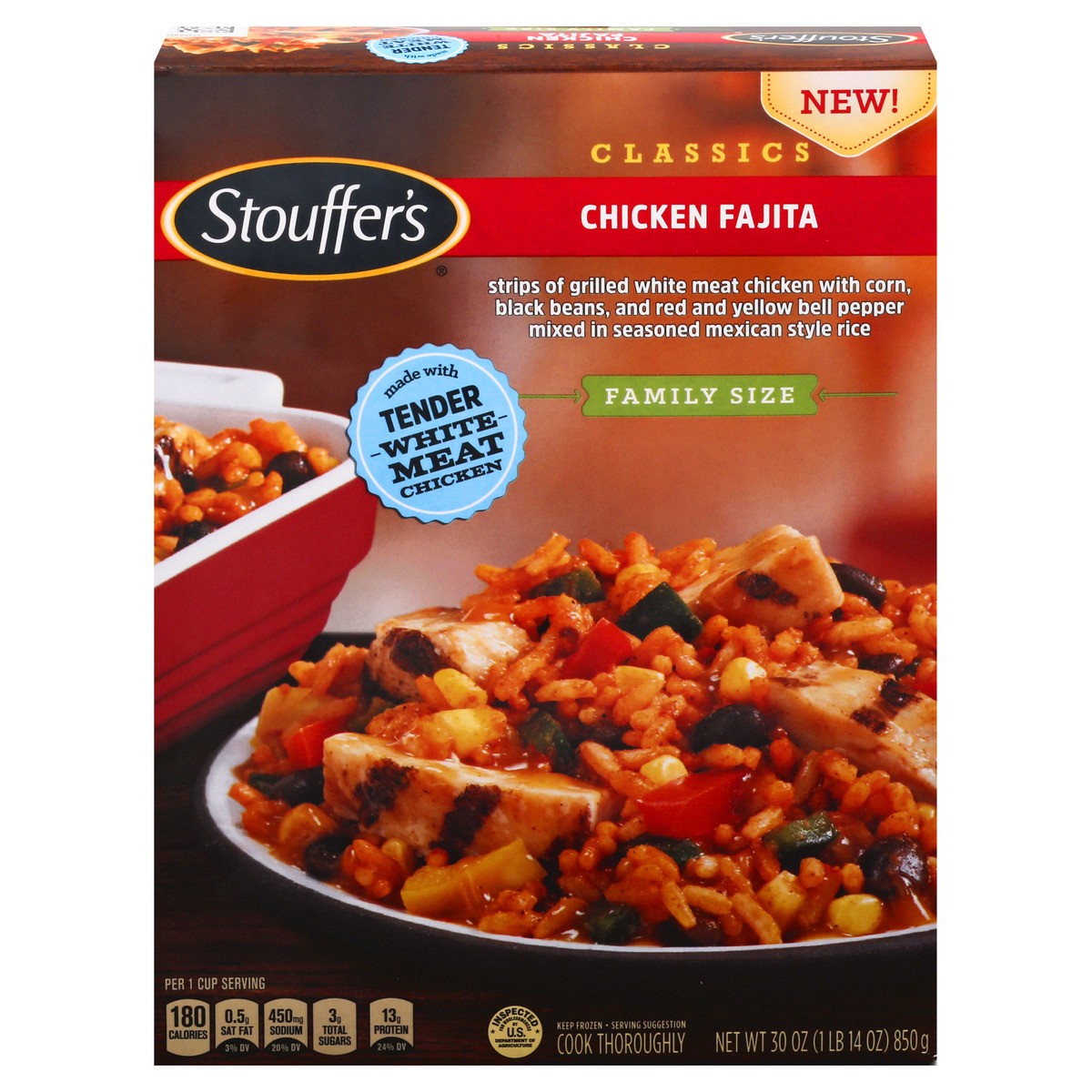 slide 1 of 9, STOUFFER'S Family Size Chicken Fajita Frozen Meal 36oz Box, 30 oz