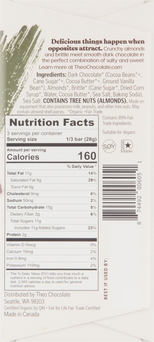 slide 12 of 13, Theo Organic Almond Brittle Crunch Dark Chocolate 3 oz, 3 oz