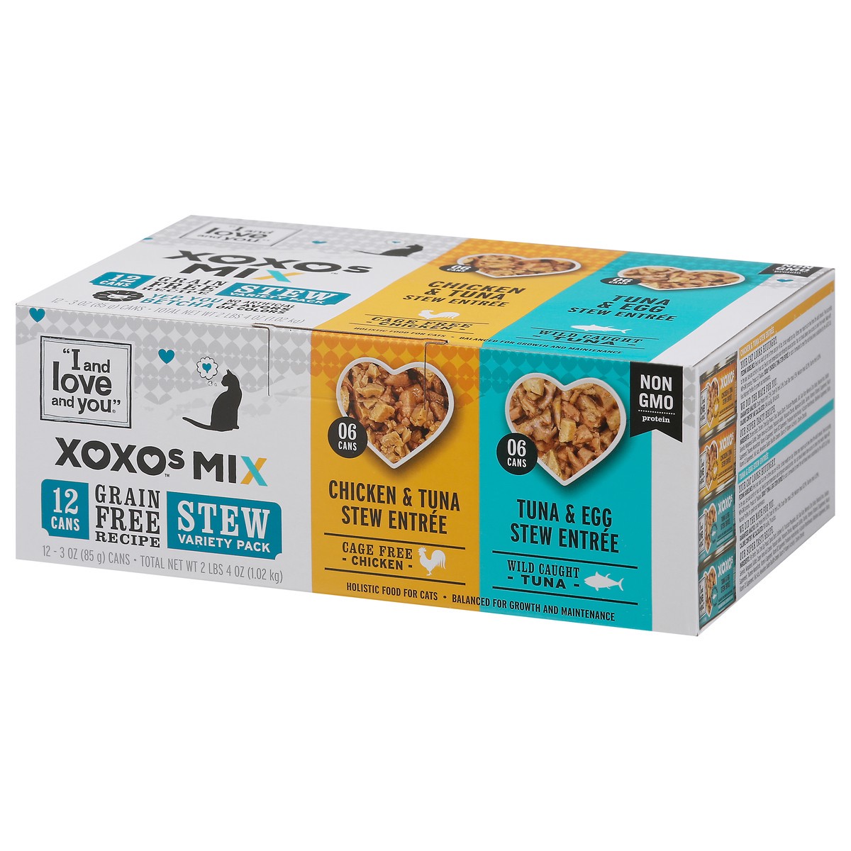slide 3 of 18, I and Love and You XOXOs Canned Wet Cat Food Chicken & Tuna Stew Entree/Tuna & Egg Stew Entree, Stew Variety Pack, 3 oz., 12 Cans, 12 ct