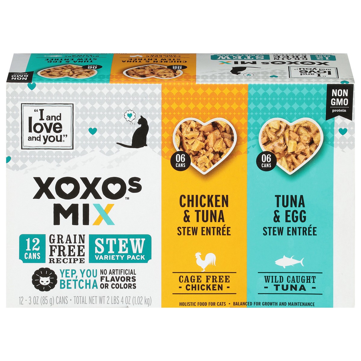 slide 1 of 18, I and Love and You XOXOs Canned Wet Cat Food Chicken & Tuna Stew Entree/Tuna & Egg Stew Entree, Stew Variety Pack, 3 oz., 12 Cans, 12 ct