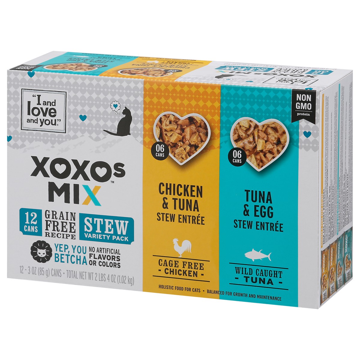 slide 10 of 18, I and Love and You XOXOs Canned Wet Cat Food Chicken & Tuna Stew Entree/Tuna & Egg Stew Entree, Stew Variety Pack, 3 oz., 12 Cans, 12 ct
