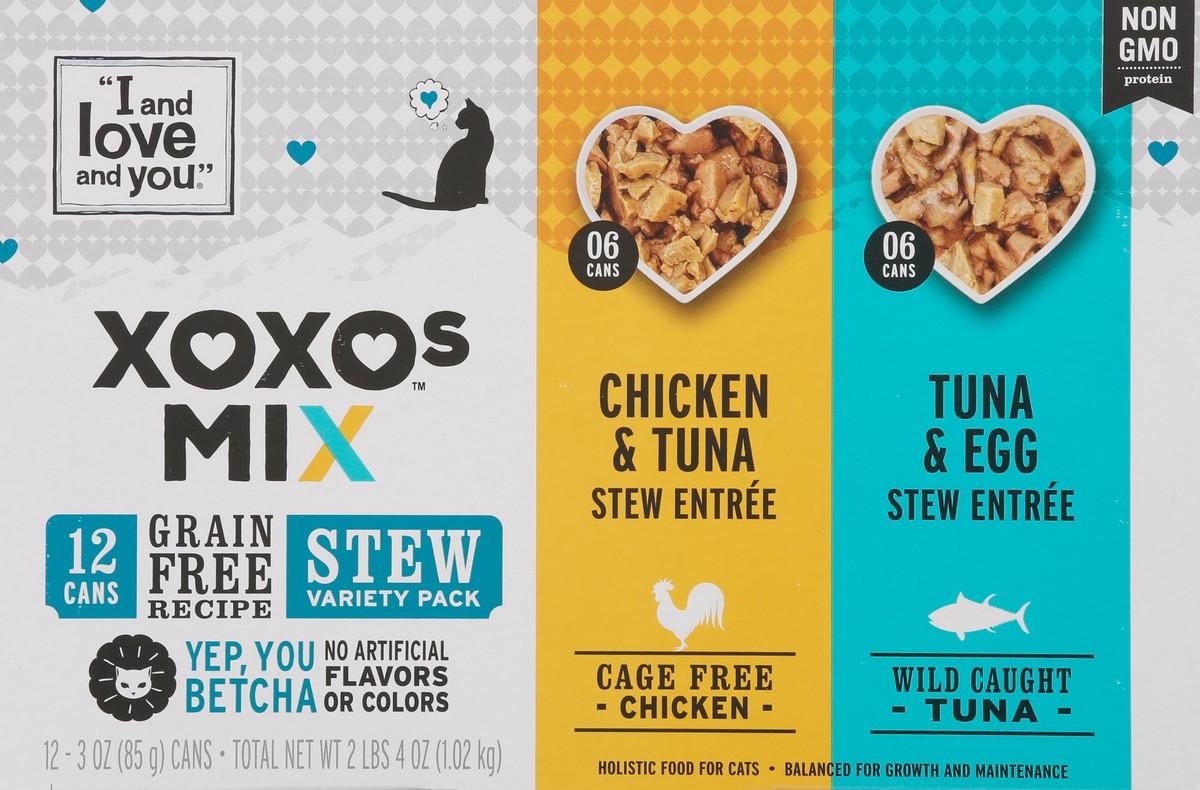 slide 13 of 18, I and Love and You XOXOs Canned Wet Cat Food Chicken & Tuna Stew Entree/Tuna & Egg Stew Entree, Stew Variety Pack, 3 oz., 12 Cans, 12 ct