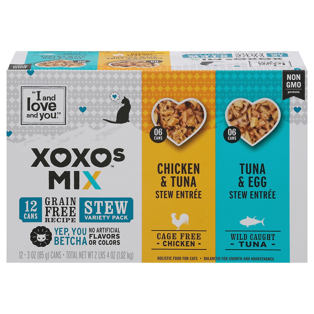 slide 7 of 18, I and Love and You XOXOs Canned Wet Cat Food Chicken & Tuna Stew Entree/Tuna & Egg Stew Entree, Stew Variety Pack, 3 oz., 12 Cans, 12 ct