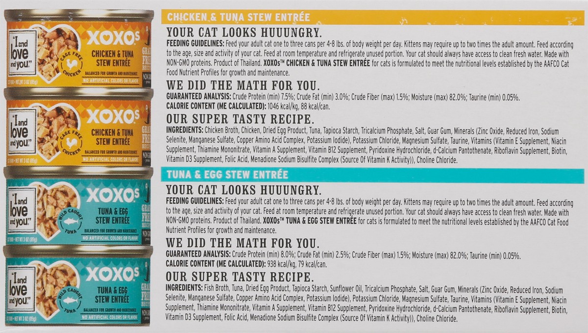 slide 2 of 18, I and Love and You XOXOs Canned Wet Cat Food Chicken & Tuna Stew Entree/Tuna & Egg Stew Entree, Stew Variety Pack, 3 oz., 12 Cans, 12 ct
