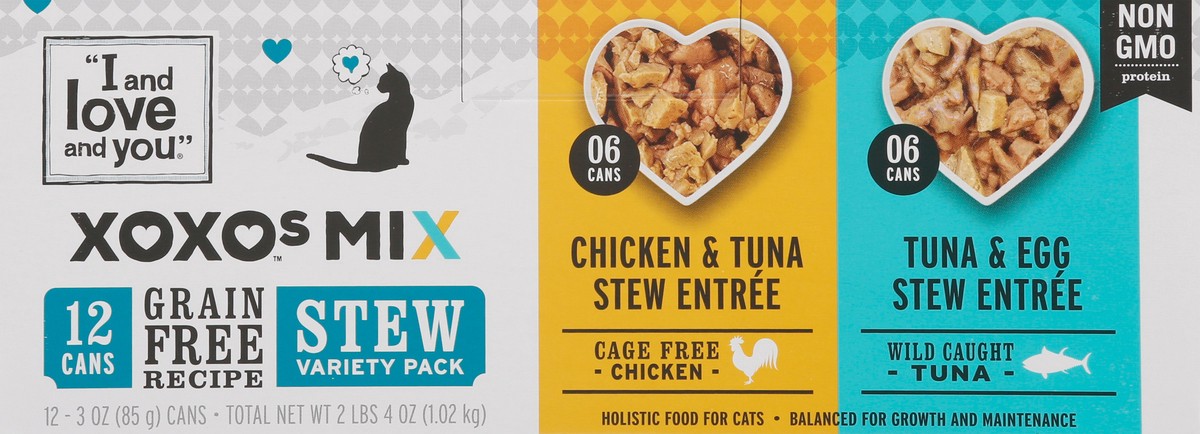 slide 18 of 18, I and Love and You XOXOs Canned Wet Cat Food Chicken & Tuna Stew Entree/Tuna & Egg Stew Entree, Stew Variety Pack, 3 oz., 12 Cans, 12 ct