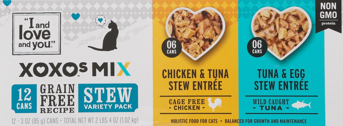 slide 9 of 18, I and Love and You XOXOs Canned Wet Cat Food Chicken & Tuna Stew Entree/Tuna & Egg Stew Entree, Stew Variety Pack, 3 oz., 12 Cans, 12 ct