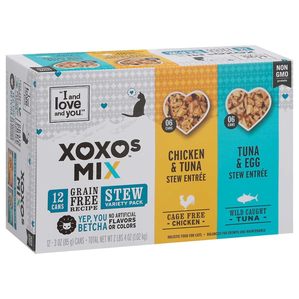 slide 6 of 18, I and Love and You XOXOs Canned Wet Cat Food Chicken & Tuna Stew Entree/Tuna & Egg Stew Entree, Stew Variety Pack, 3 oz., 12 Cans, 12 ct
