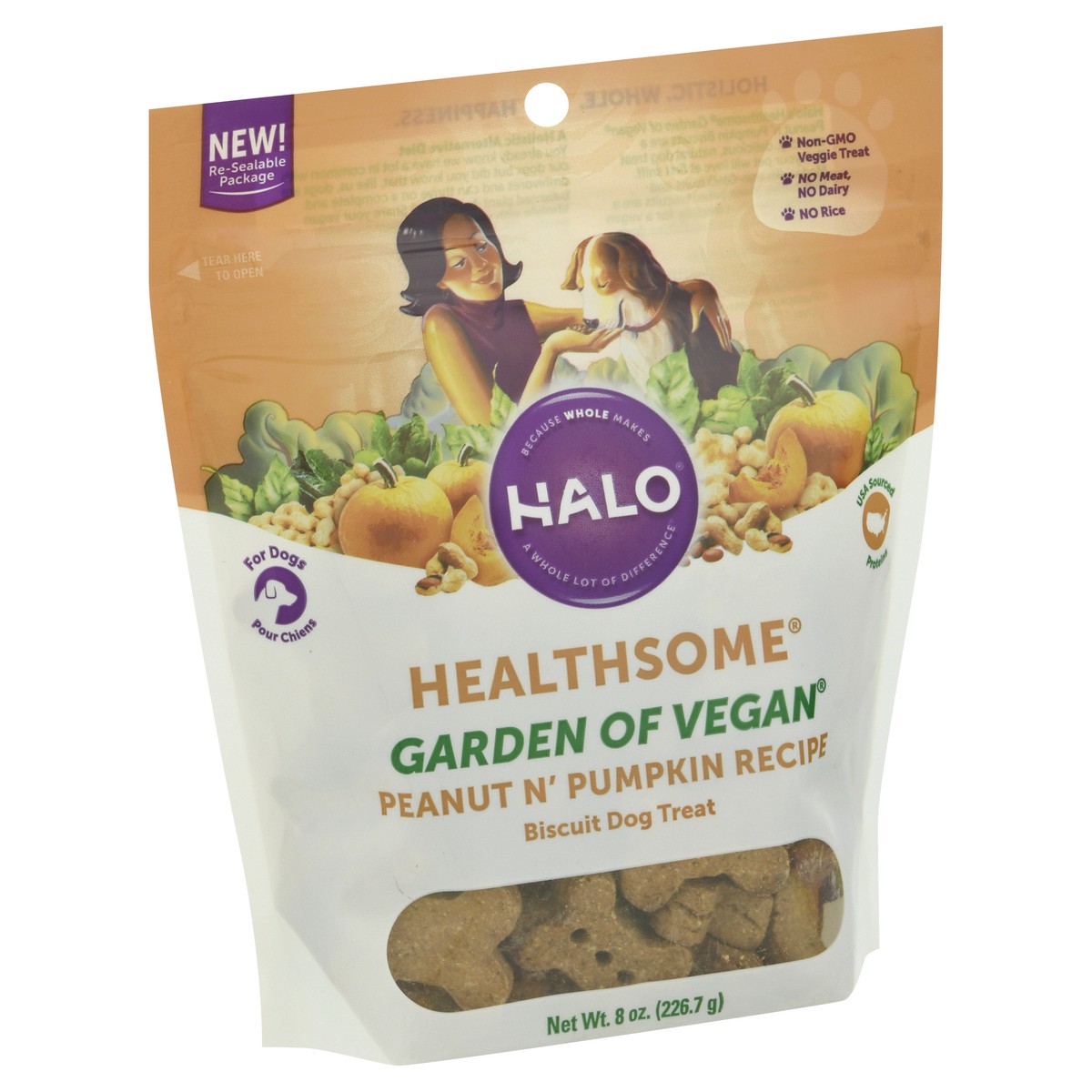 slide 2 of 9, Halo Healthsome Garden of Vegan Peanut N' Pumpkin Recipe Biscuit Dog Treat 8 oz, 8 oz
