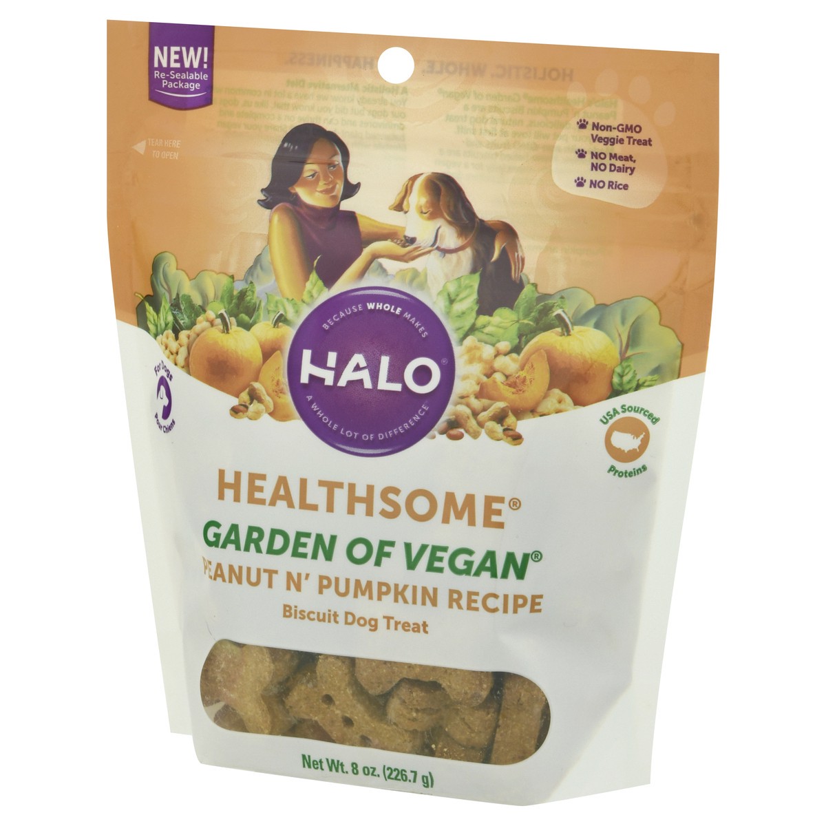 slide 3 of 9, Halo Healthsome Garden of Vegan Peanut N' Pumpkin Recipe Biscuit Dog Treat 8 oz, 8 oz