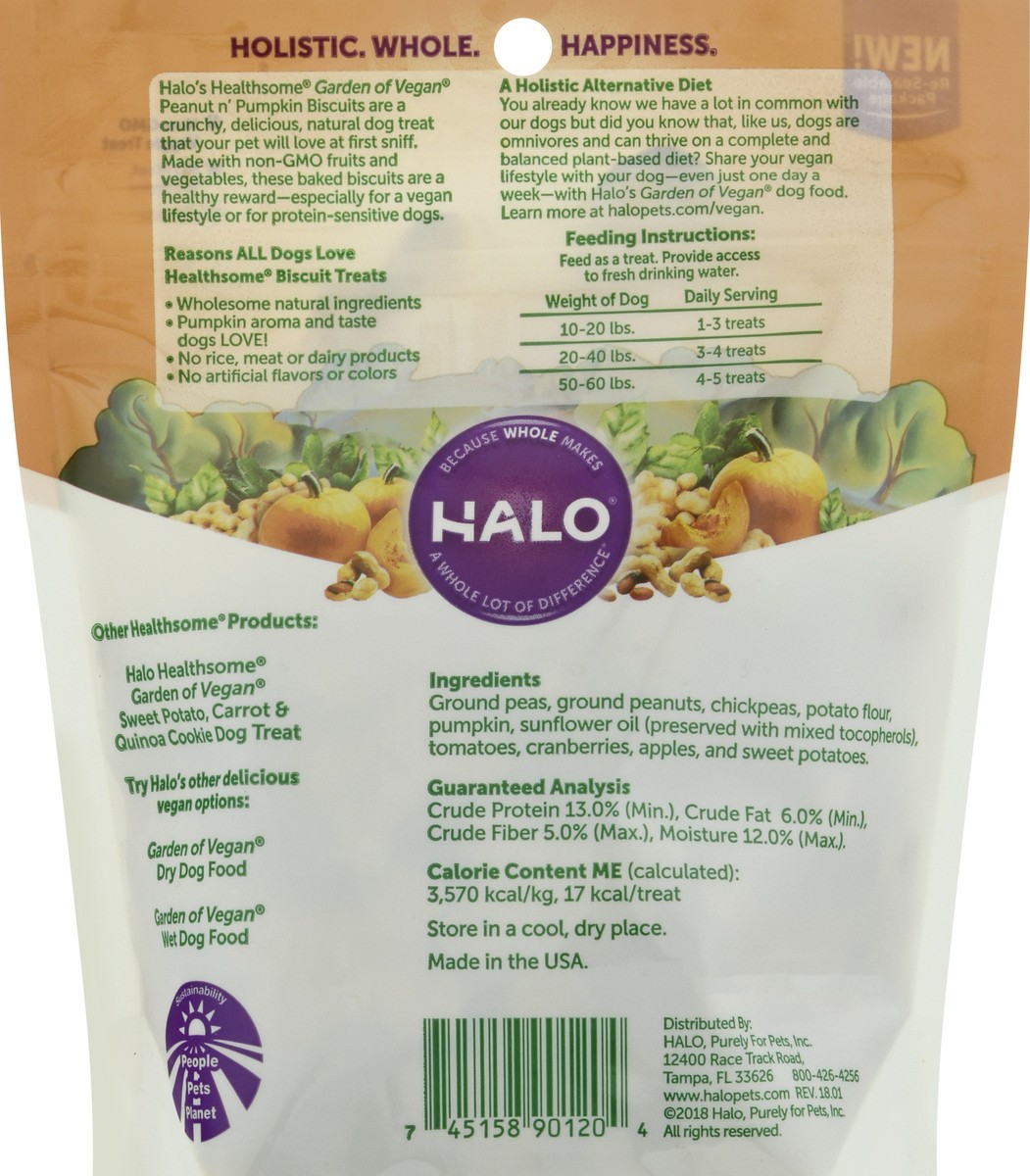 slide 5 of 9, Halo Healthsome Garden of Vegan Peanut N' Pumpkin Recipe Biscuit Dog Treat 8 oz, 8 oz