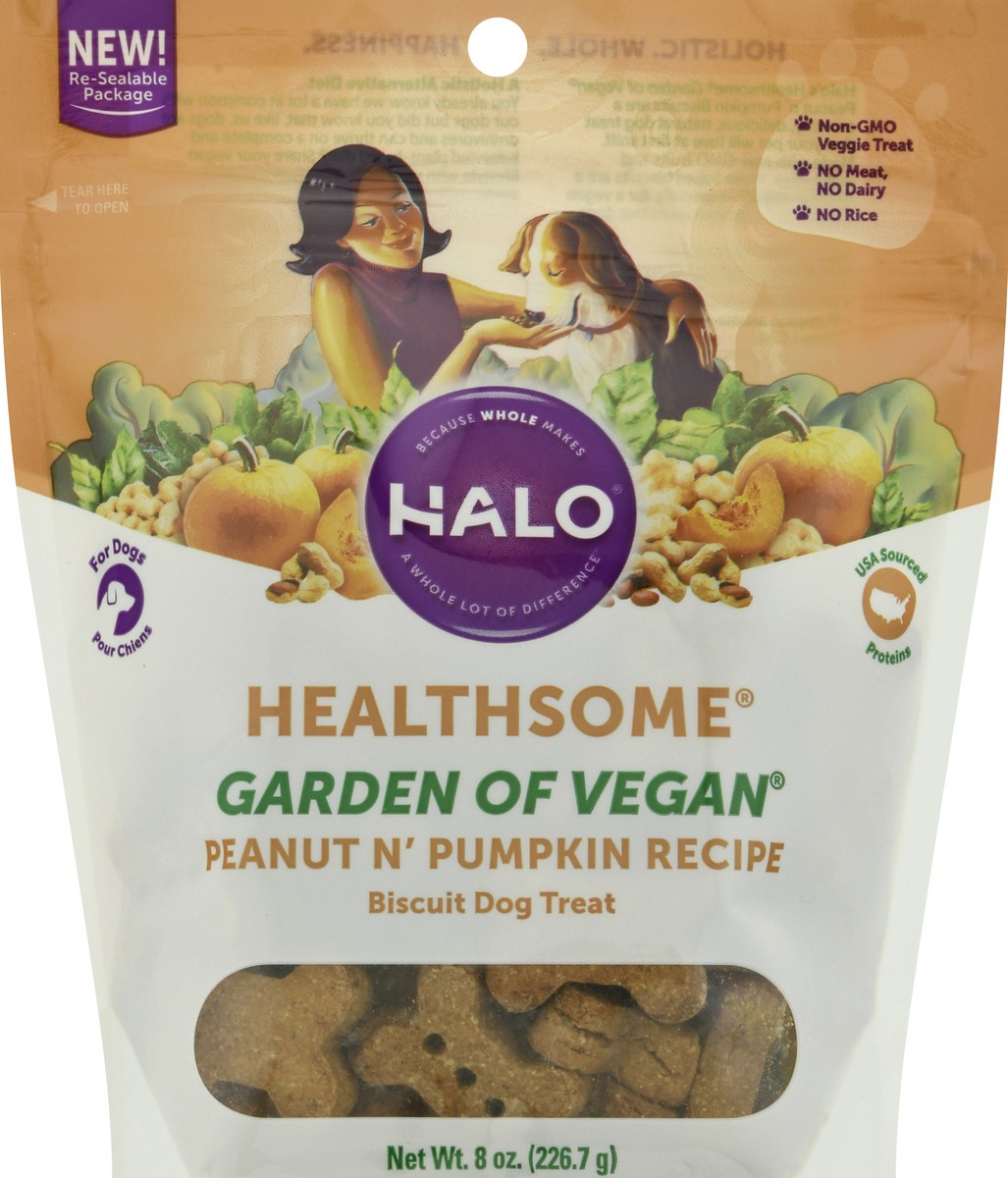 slide 6 of 9, Halo Healthsome Garden of Vegan Peanut N' Pumpkin Recipe Biscuit Dog Treat 8 oz, 8 oz