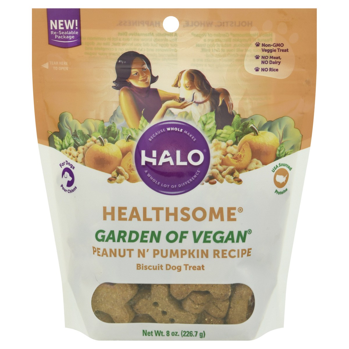slide 1 of 9, Halo Healthsome Garden of Vegan Peanut N' Pumpkin Recipe Biscuit Dog Treat 8 oz, 8 oz