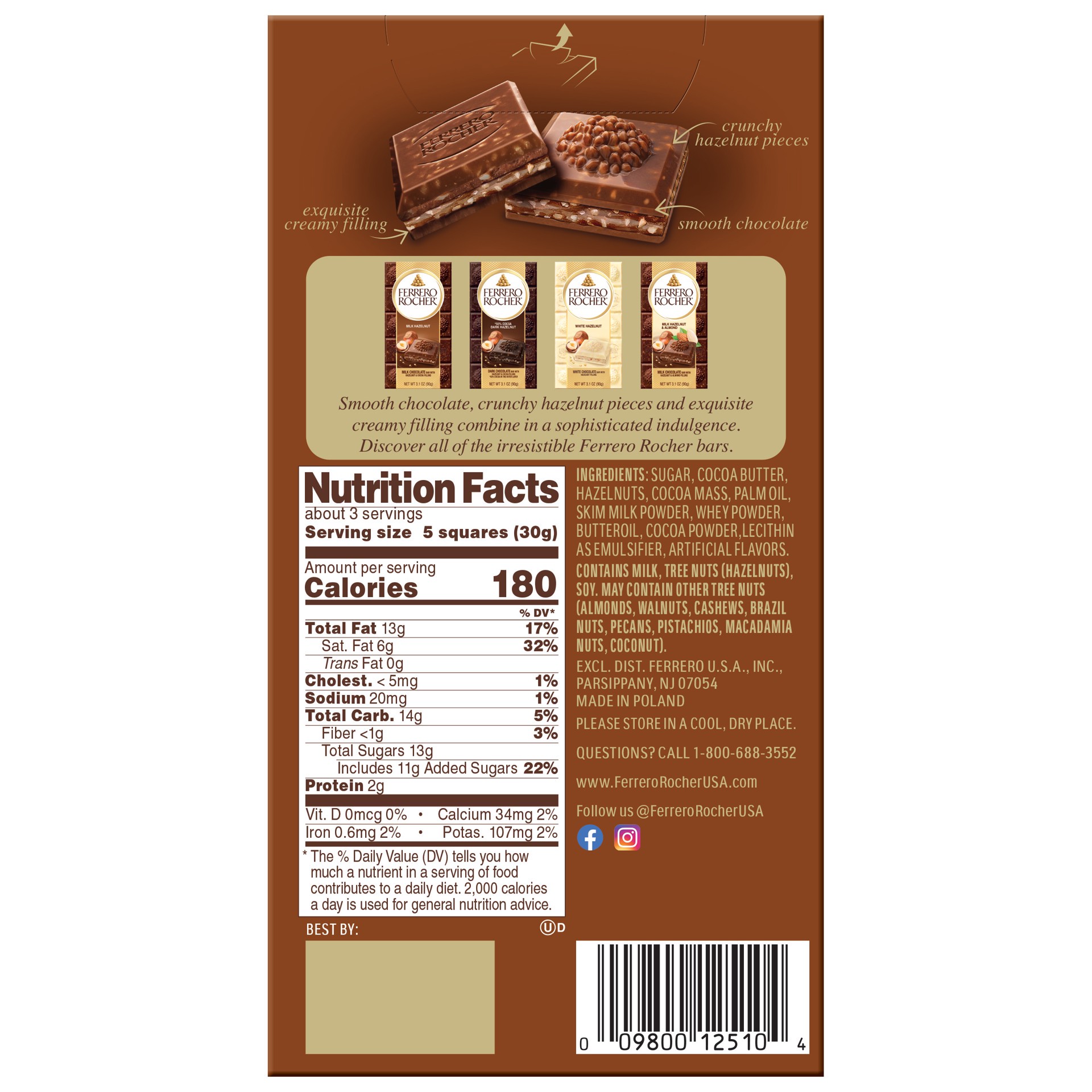slide 5 of 9, Ferrero Rocher Milk Hazelnut Chocolate Bar, 3.25 oz