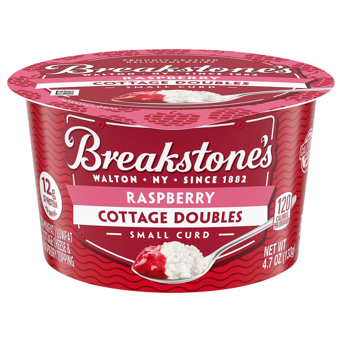slide 1 of 11, Breakstone's Cottage Doubles Lowfat Cottage Cheese & Raspberry Topping with 2% Milkfat, 4.7 oz Cup, 4.7 oz