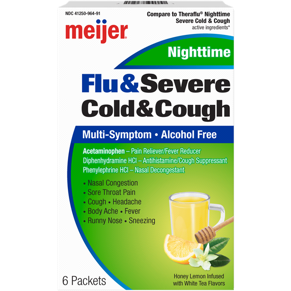 slide 1 of 3, Meijer Nighttime Severe Cold, Flu and Cough, Pain Reliever/Fever Reducer, Nasal Decongestant, Cough Suppressant, Antihistamine, Hot Liquid Therapy for Fast Relief, 6 ct