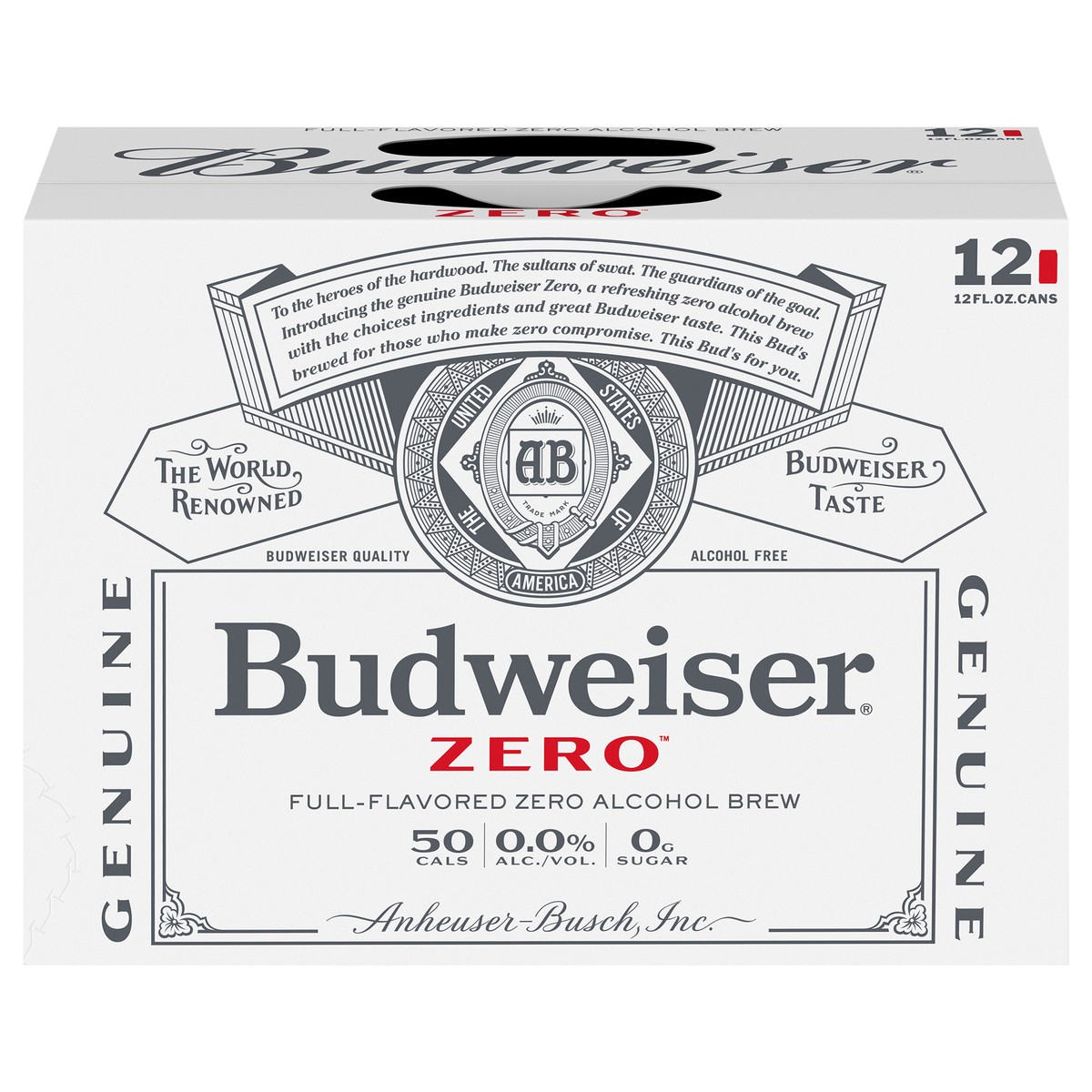 slide 1 of 3, Budweiser Zero Alcohol Free American Lager Beer 12 Pack, 12 fl oz Cans, 12 ct; 12 oz