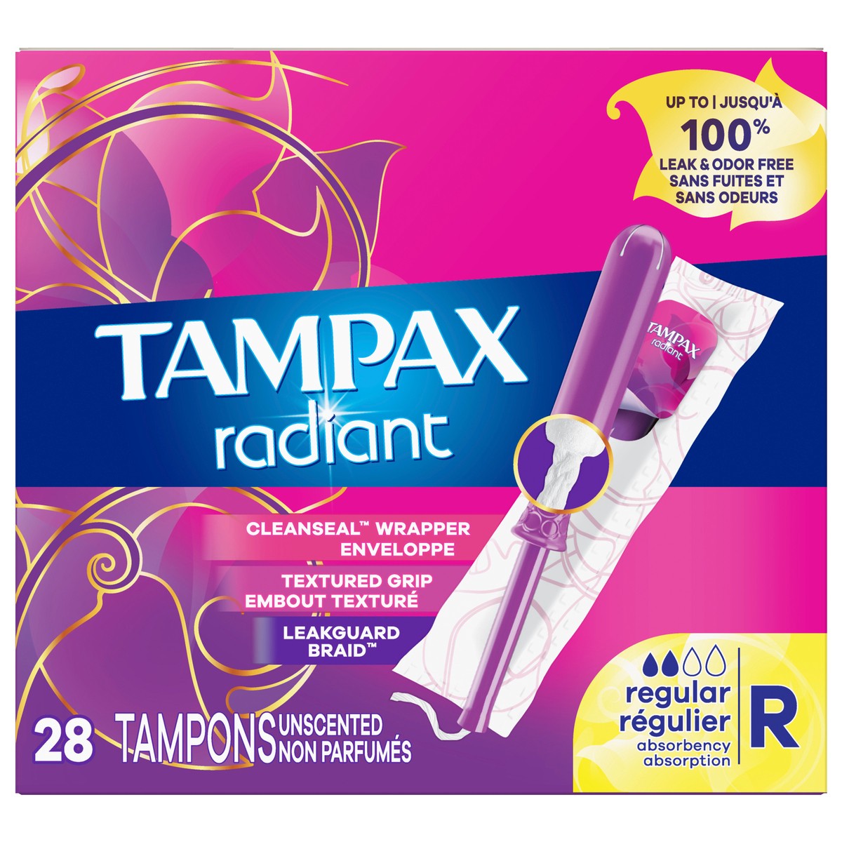 slide 1 of 4, Tampax Radiant Tampons with LeakGuard Braid, Regular Absorbency, Unscented, 28 Count, 28 ct