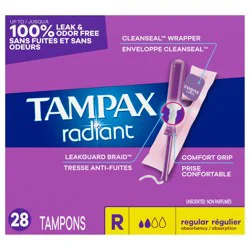 Tampax Radiant Tampons, with LeakGuard Braid, Regular Absorbency, Unscented, 28 Count