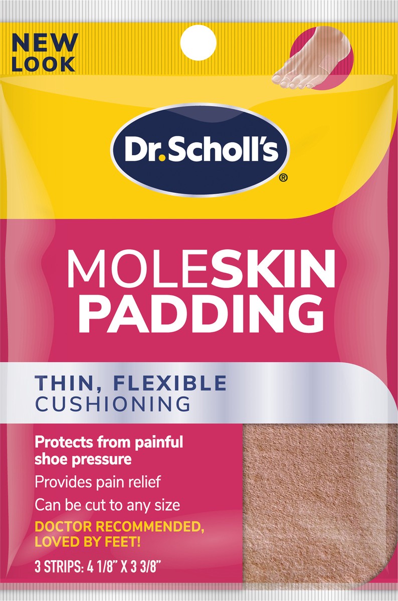 slide 3 of 3, Dr. Scholl's MOLESKIN PADDING STRIPS, 3 strips // Thin, Flexible Cushioning & Pain Relief - Cut To Any Size - Doctor Recommended - Strip Size 4 1/8 Inches X 3 3/8 Inches, 3 ct