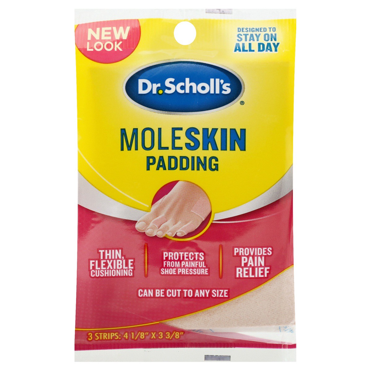 slide 1 of 3, Dr. Scholl's MOLESKIN PADDING STRIPS, 3 strips // Thin, Flexible Cushioning & Pain Relief - Cut To Any Size - Doctor Recommended - Strip Size 4 1/8 Inches X 3 3/8 Inches, 3 ct