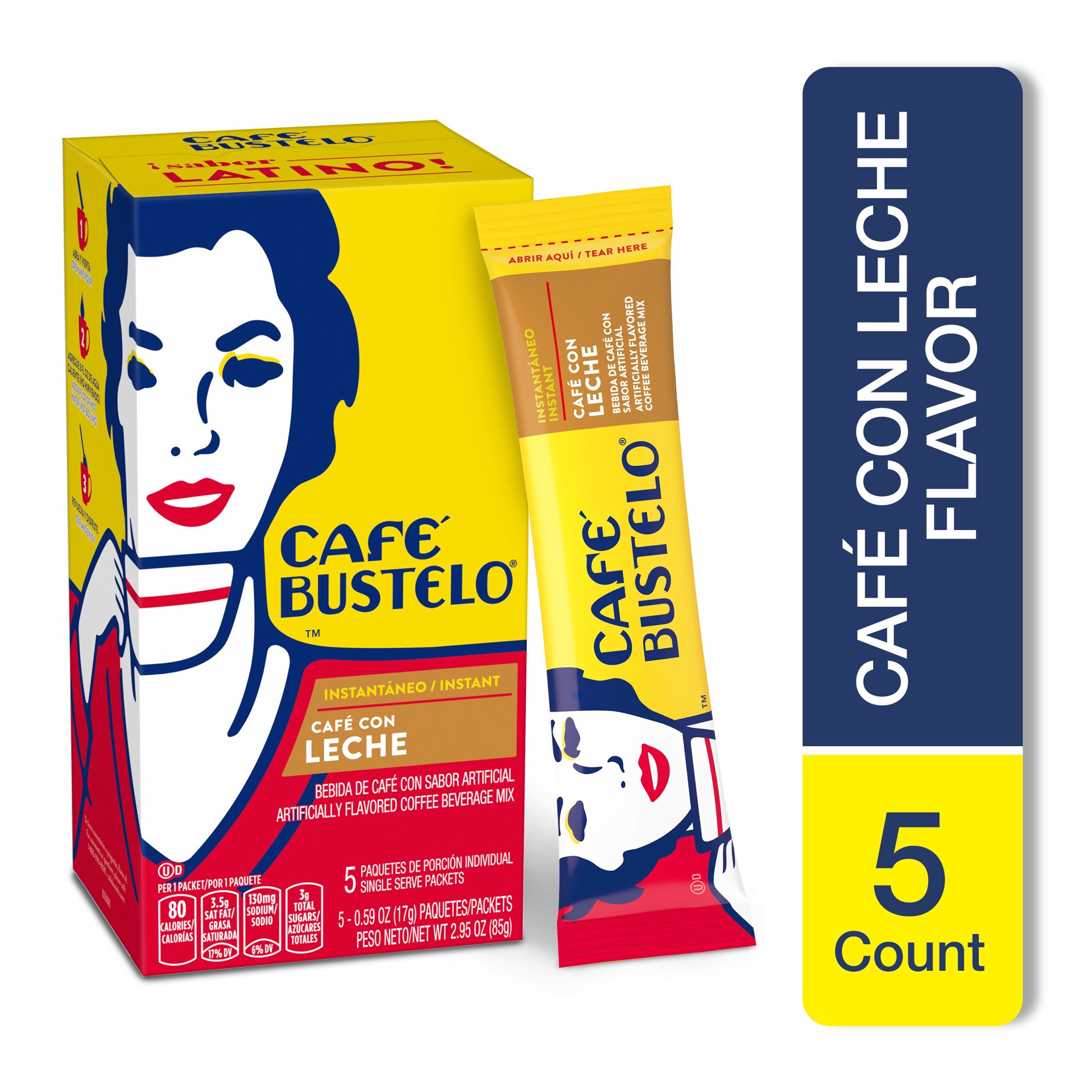 slide 5 of 5, Café Bustelo Cafe Con Leche Flavored Instant Coffee Sticks, 3 oz