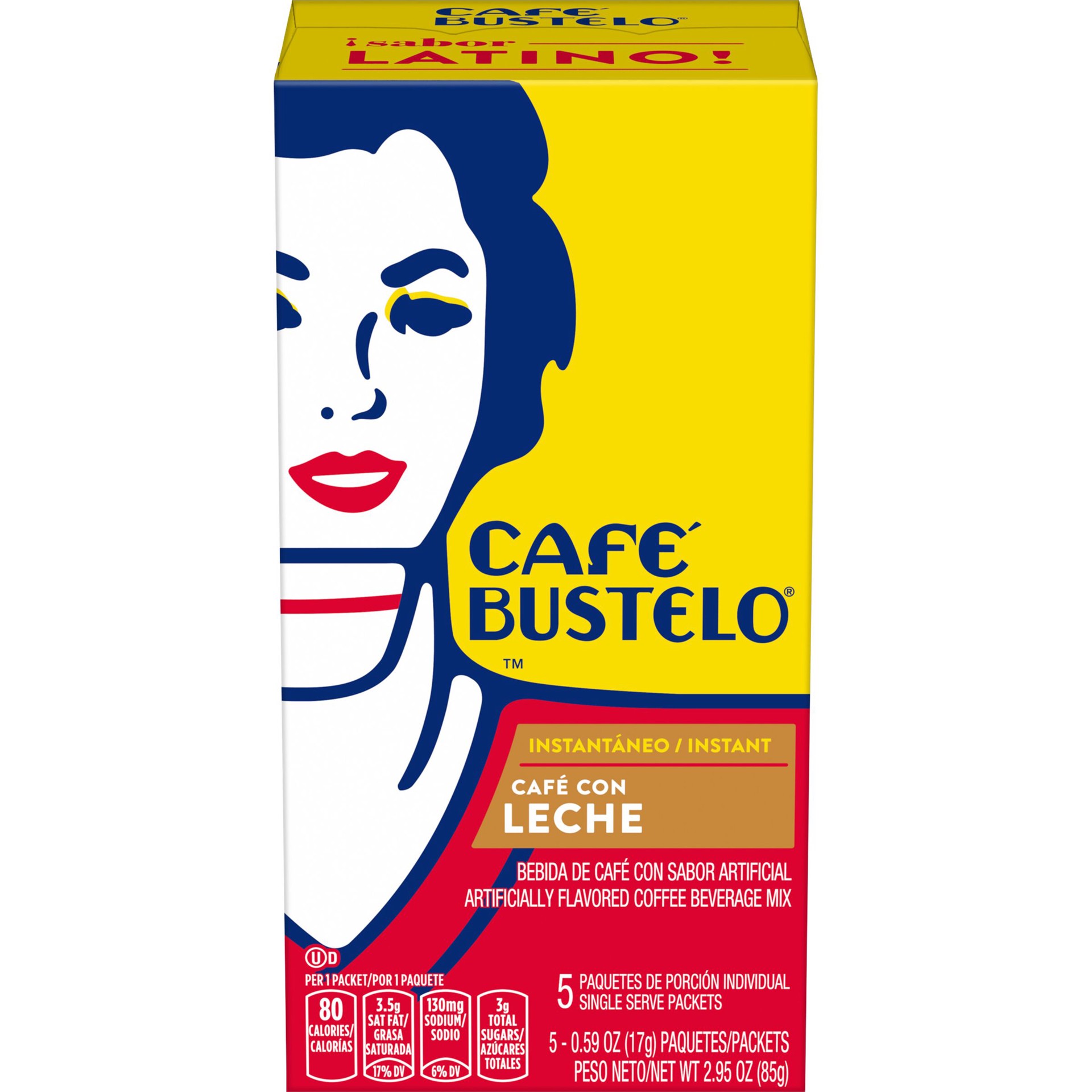 slide 1 of 5, Café Bustelo Cafe Con Leche Flavored Instant Coffee Sticks, 3 oz