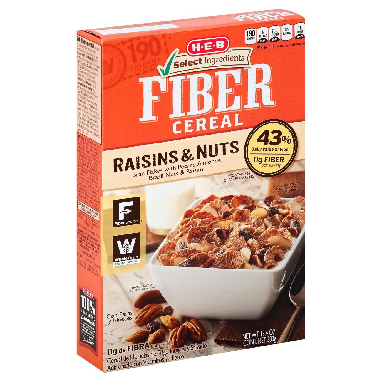 slide 1 of 1, H-E-B Fiber Cereal - Bran Flakes with Raisins & Nuts, 13.4 oz