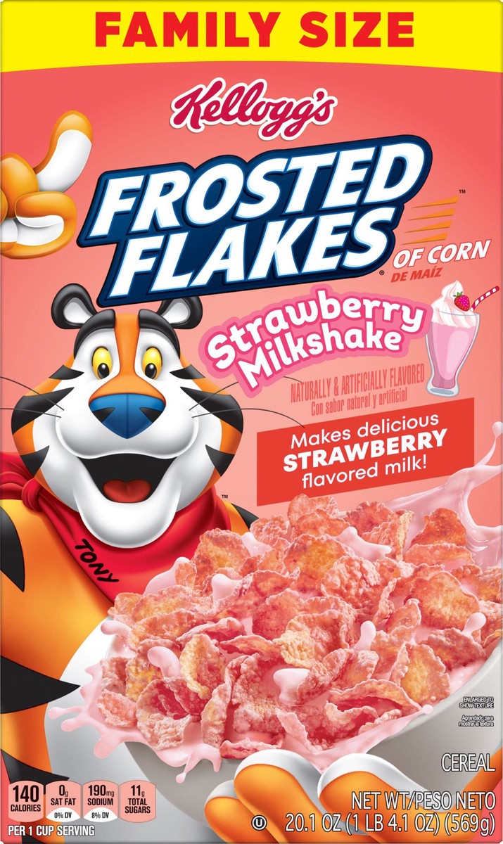 slide 13 of 13, Frosted Flakes Kellogg's Frosted Flakes Breakfast Cereal Strawberry Milkshake, Kids Cereal, 20.1 oz, 20.1 oz