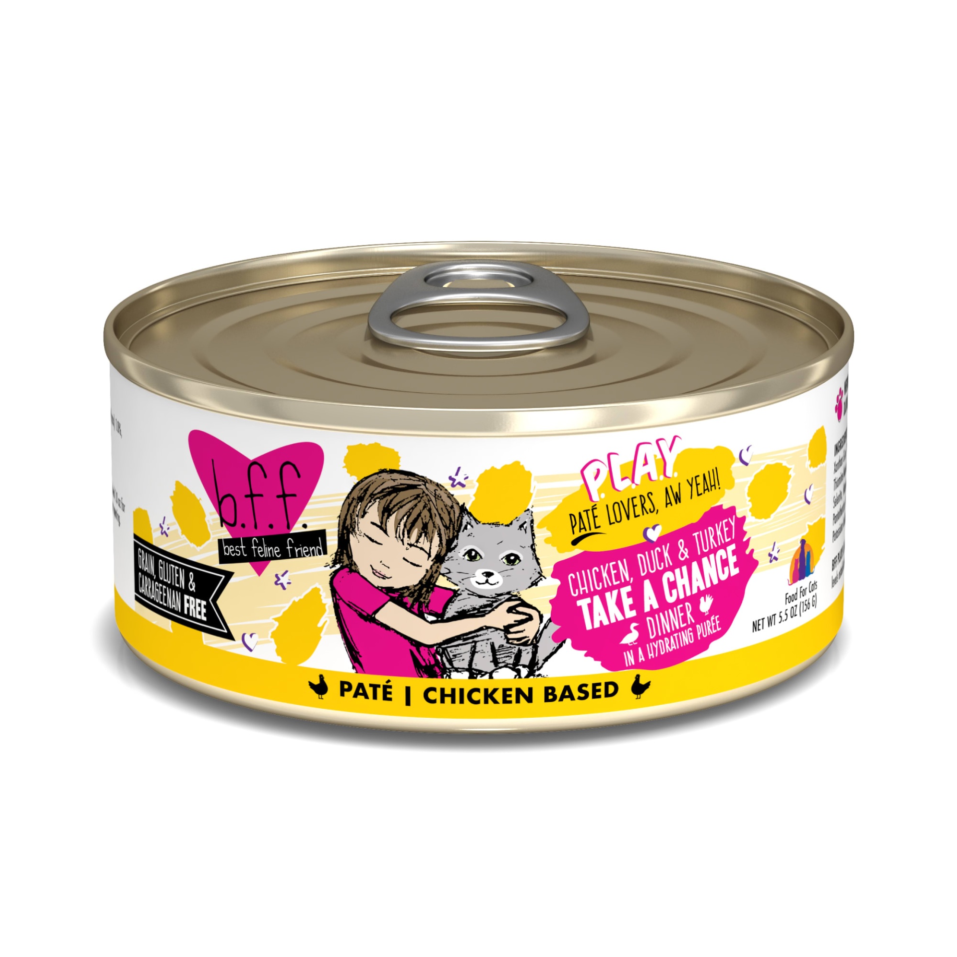 slide 1 of 1, B.F.F. P.L.A.Y. Take a Chance Chicken, Duck & Turkey Dinner in a Hydrating Puree Wet Cat Food, 5.5 oz., 5.5 oz