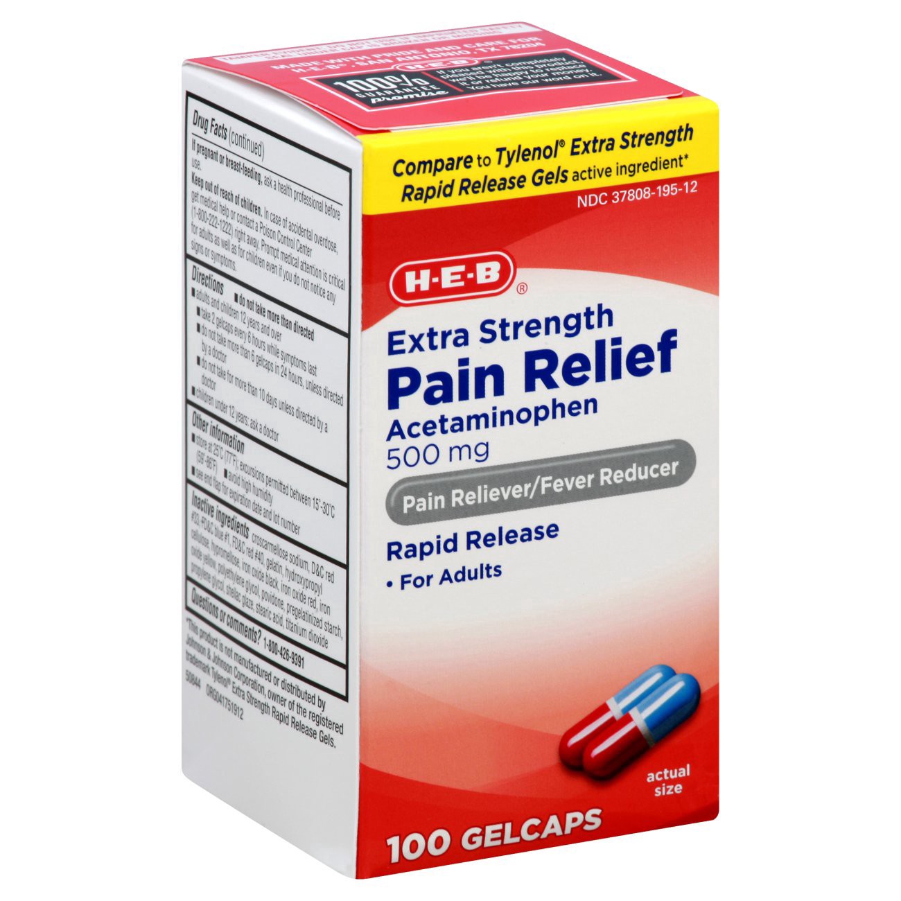 slide 1 of 1, H-E-B Acetaminophen Fever & Pain Relief Gelcaps – 500 mg, 100 ct