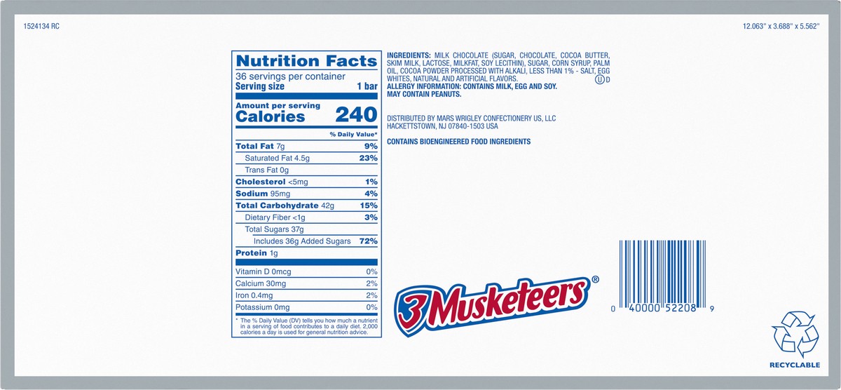 slide 2 of 7, 3 MUSKETEERS Milk Chocolate Candy Bars, Full Size, 36 Ct Bulk Candy Box, 69.12 oz