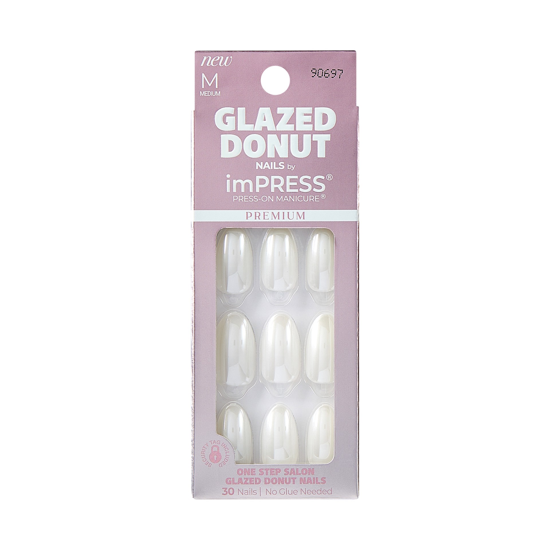 slide 1 of 5, imPRESS Glazed Donut Press-On Nails, No Glue Needed, White, Medium Almond Shape, 33 Ct., 1 cnt