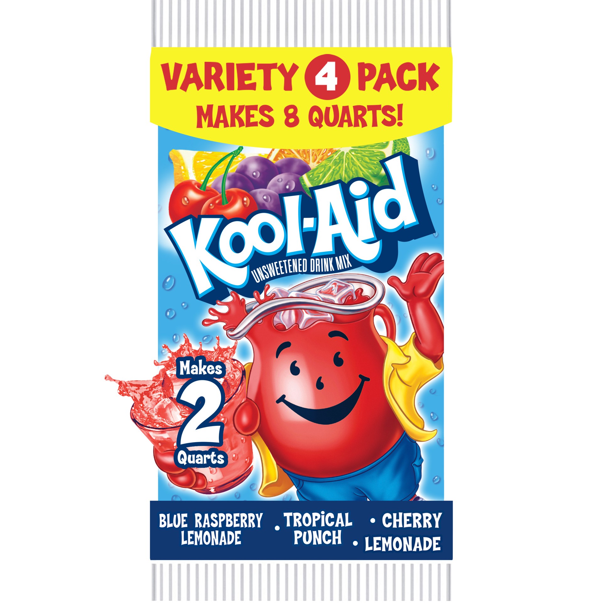 slide 1 of 7, Kool-Aid Variety Pack, Artificially Flavored Tropical Punch, Cherry, Blue Raspberry Lemonade & Naturally flavored Lemonade drink mix, 4 Pack, 4 ct