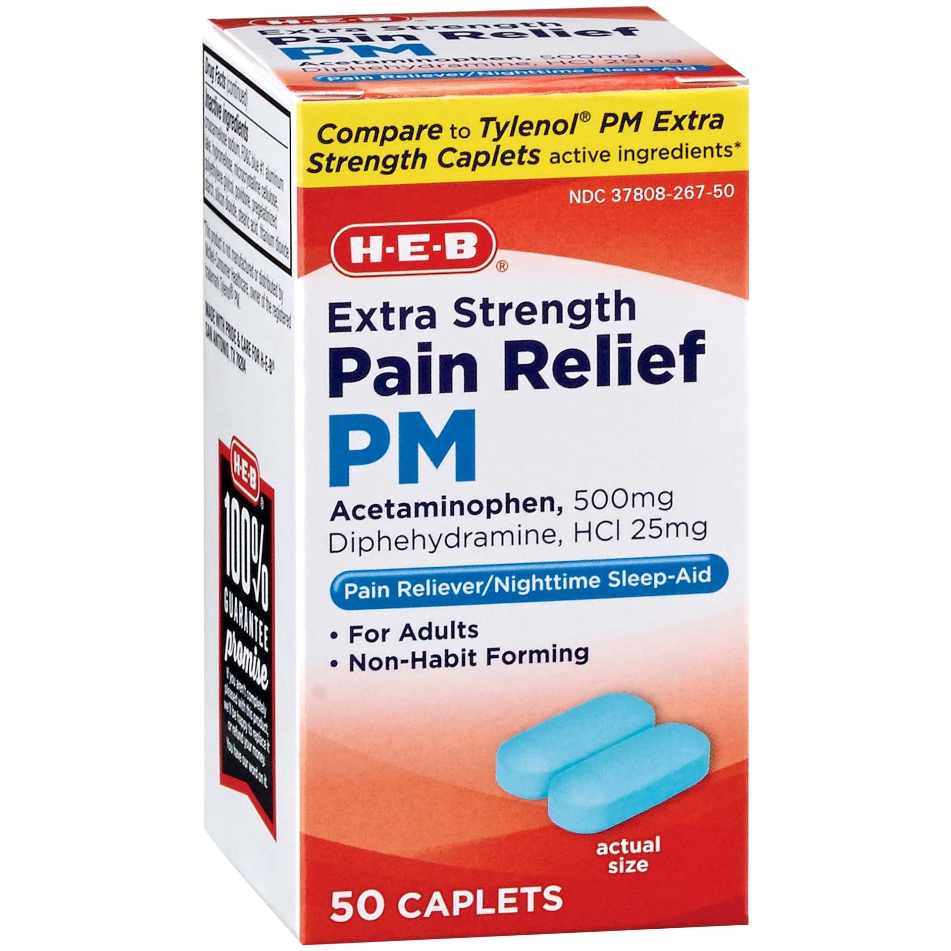 slide 1 of 1, H-E-B Acetaminophen Nighttime Fever & Pain Relief Caplets – 500 mg, 50 ct