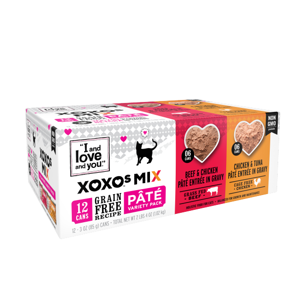 slide 2 of 13, I and Love and You XOXOs Mix Pate Grain Free Recipe Holistic Beef & Chicken/Chicken & Tuna Food for Cats Pate Variety Pack 12 - 3 oz Cans, 12 ct
