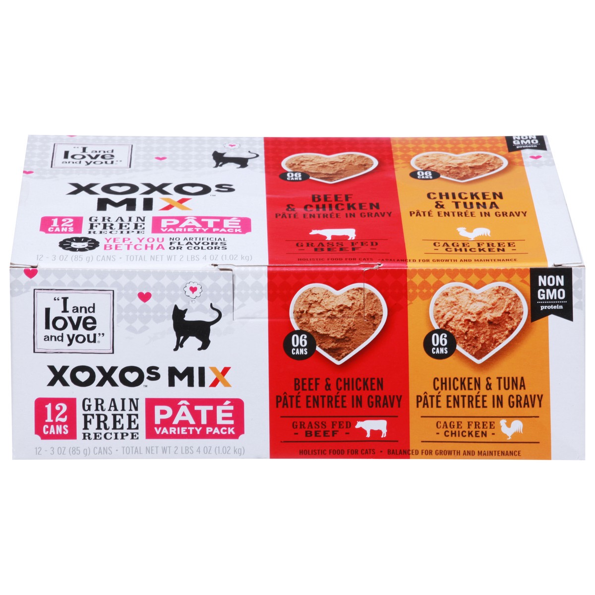 slide 1 of 13, I and Love and You XOXOs Mix Pate Grain Free Recipe Holistic Beef & Chicken/Chicken & Tuna Food for Cats Pate Variety Pack 12 - 3 oz Cans, 12 ct