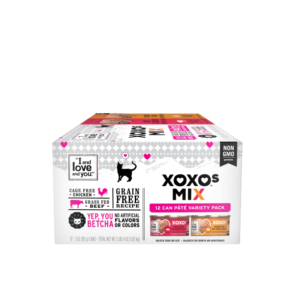 slide 4 of 13, I and Love and You XOXOs Mix Pate Grain Free Recipe Holistic Beef & Chicken/Chicken & Tuna Food for Cats Pate Variety Pack 12 - 3 oz Cans, 12 ct