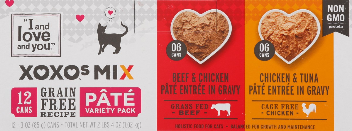 slide 1 of 13, I and Love and You XOXOs Mix Grain Free Pate Variety Pack Beef & Chicken/Chicken & Tuna Cat Food 12 - 3 oz Cans, 12 ct