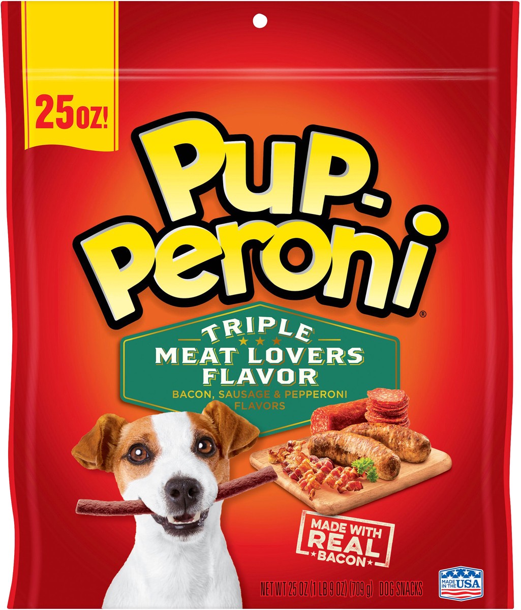 slide 2 of 9, Pup-Peroni Triple Meat Lovers with Bacon, Sausage & Pepperoni Flavor Dog Snacks, 25-Ounce Bag, 25 oz