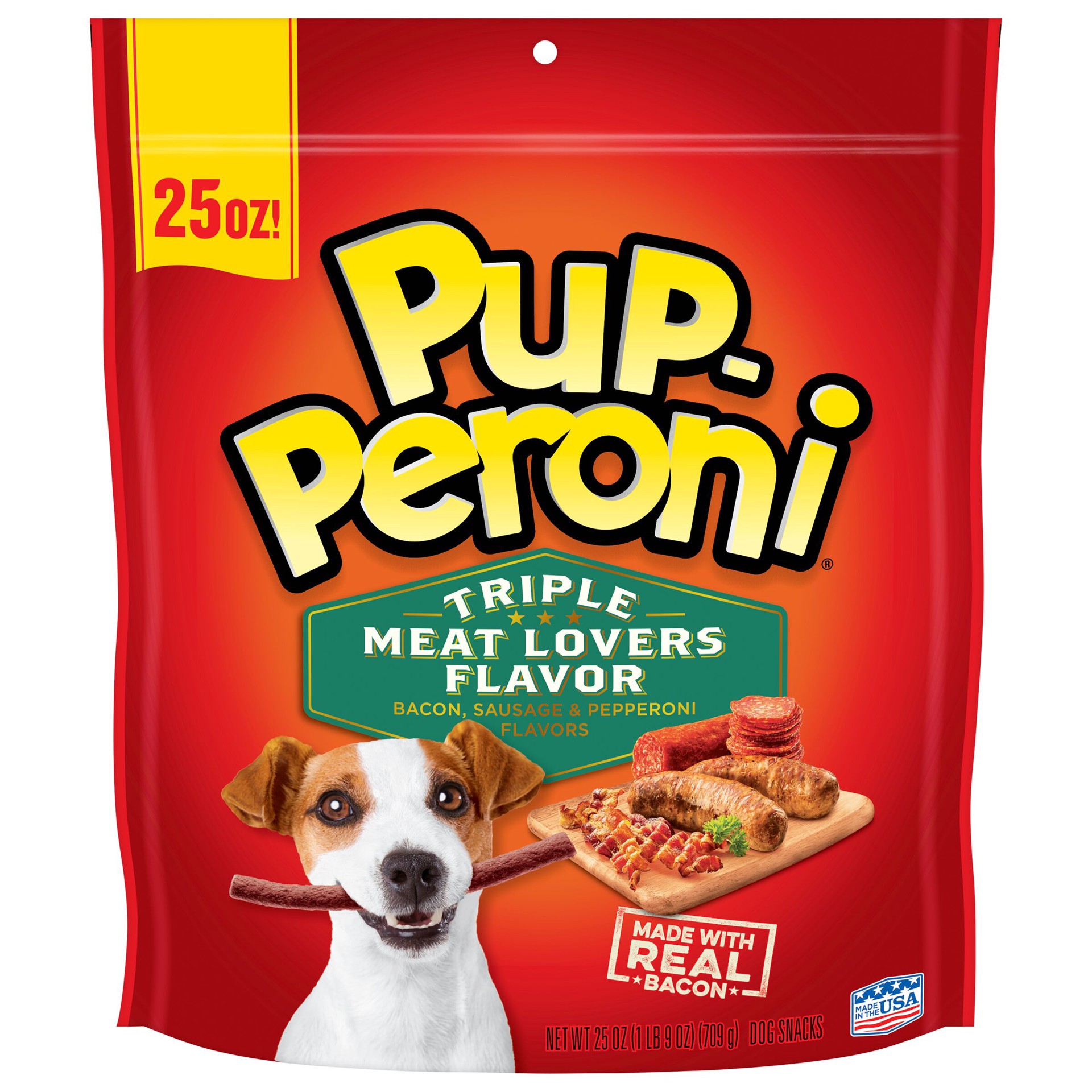 slide 1 of 9, Pup-Peroni Triple Meat Lovers with Bacon, Sausage & Pepperoni Flavor Dog Snacks, 25-Ounce Bag, 25 oz