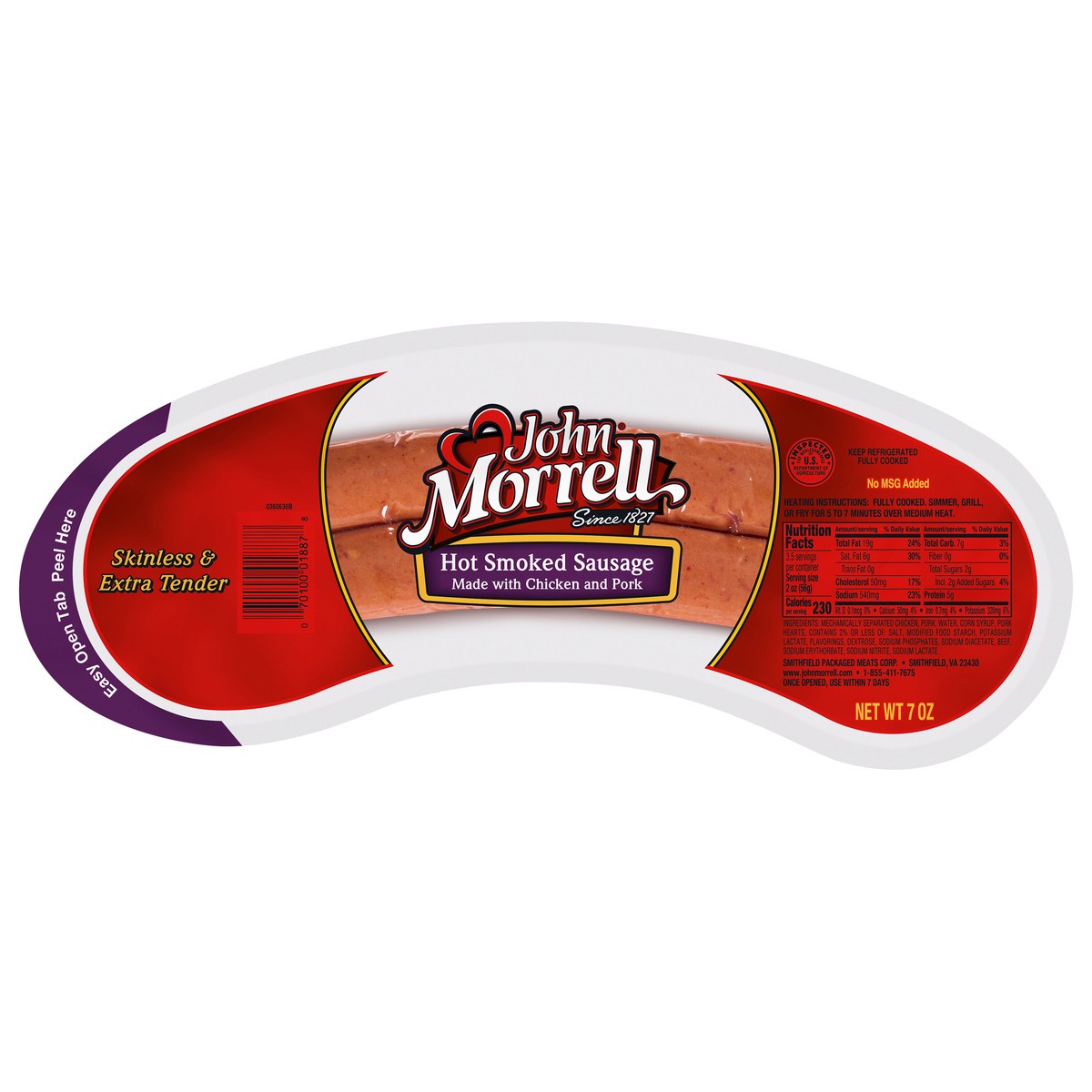 slide 2 of 2, John Morrell Hot Smoked Sausage, 24/7Z, 7 oz