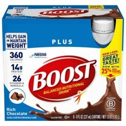 Boost Plus Nutritional Drink Protein Shakes, Rich Chocolate, 8 fl oz, 6 Pack