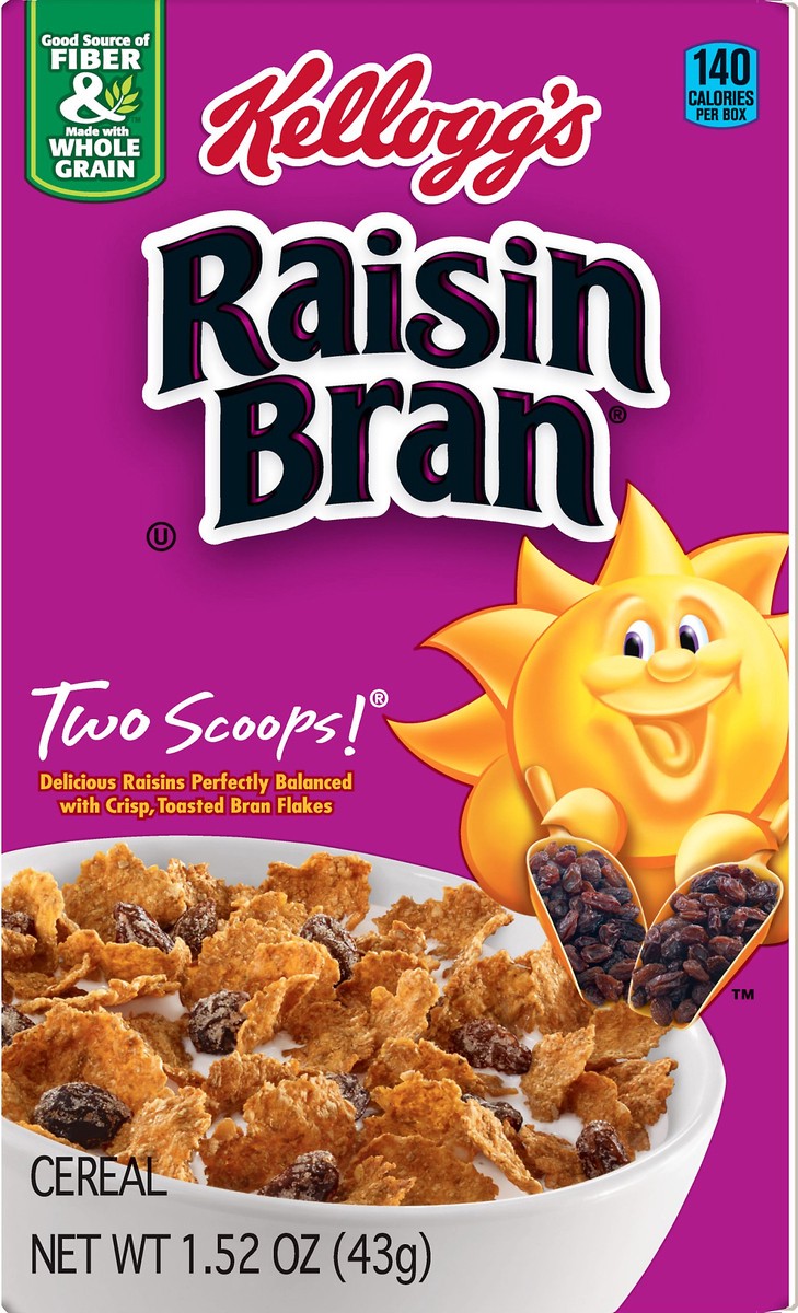 slide 3 of 7, Raisin Bran Kellogg's Raisin Bran Breakfast Cereal, High Fiber Cereal, Made with Real Fruit, Original, 1.52oz Box, 1 Box, 1.52 oz