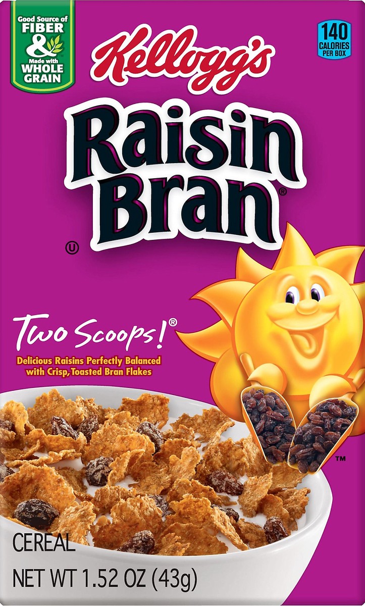 slide 4 of 7, Raisin Bran Kellogg's Raisin Bran Breakfast Cereal, High Fiber Cereal, Made with Real Fruit, Original, 1.52oz Box, 1 Box, 1.52 oz