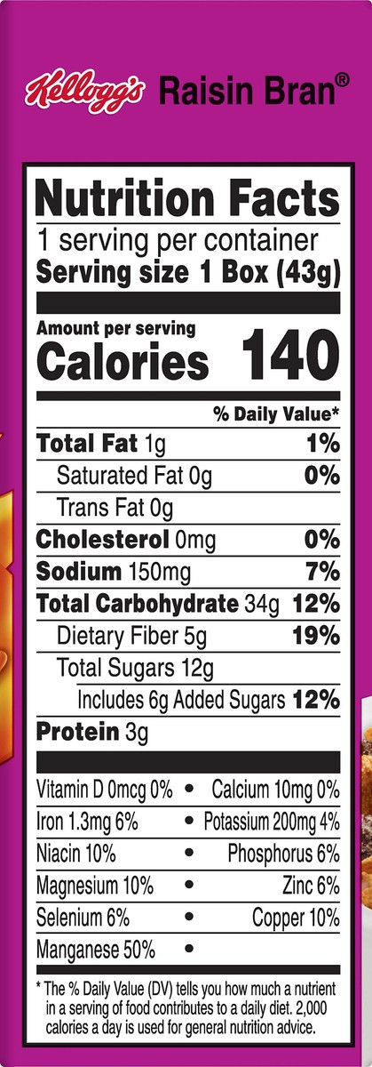 slide 2 of 7, Raisin Bran Kellogg's Raisin Bran Breakfast Cereal, High Fiber Cereal, Made with Real Fruit, Original, 1.52oz Box, 1 Box, 1.52 oz