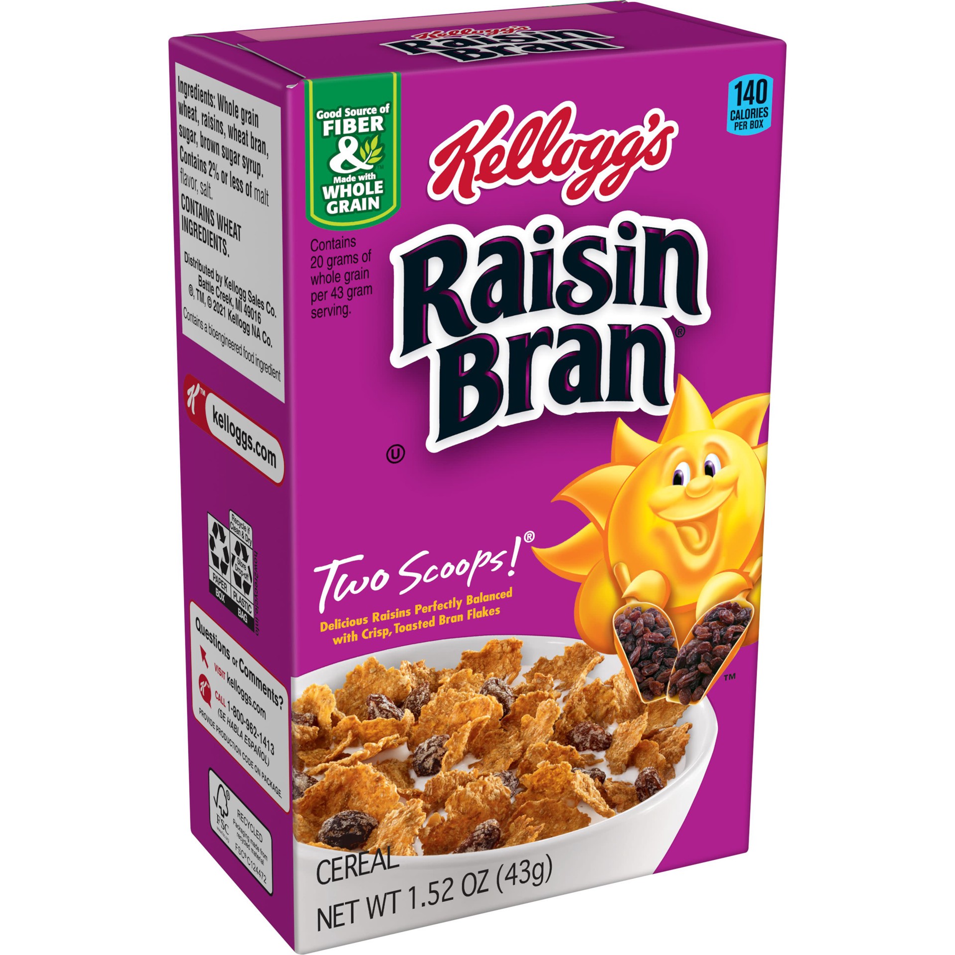 slide 1 of 7, Raisin Bran Kellogg's Raisin Bran Breakfast Cereal, High Fiber Cereal, Made with Real Fruit, Original, 1.52oz Box, 1 Box, 1.52 oz