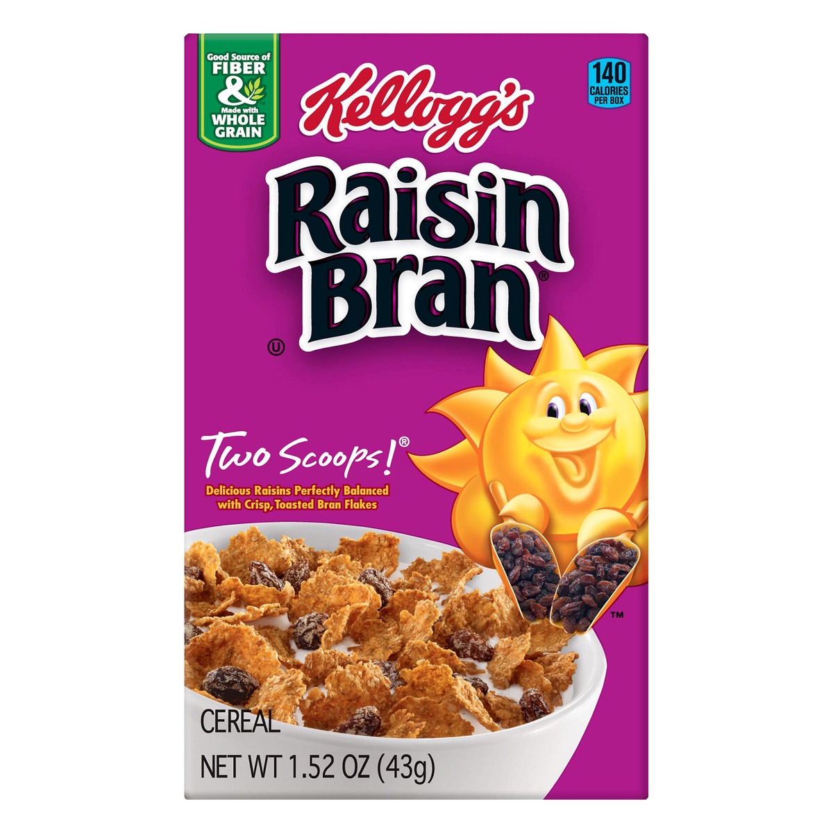 slide 1 of 7, Raisin Bran Kellogg's Raisin Bran Breakfast Cereal, High Fiber Cereal, Made with Real Fruit, Original, 1.52oz Box, 1 Box, 1.52 oz