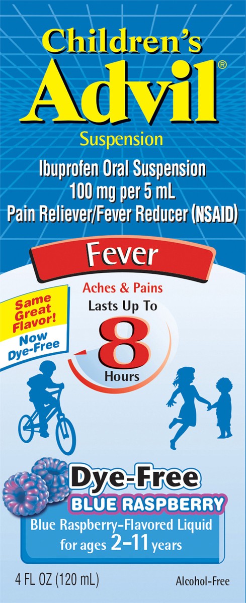 slide 9 of 12, Advil Children's Advil Pain Reliever and Fever Reducer, Dye-Free Liquid Children's Ibuprofen for Pain Relief, Dye-Free Blue Raspberry - 4 Fl Oz, 4 fl oz